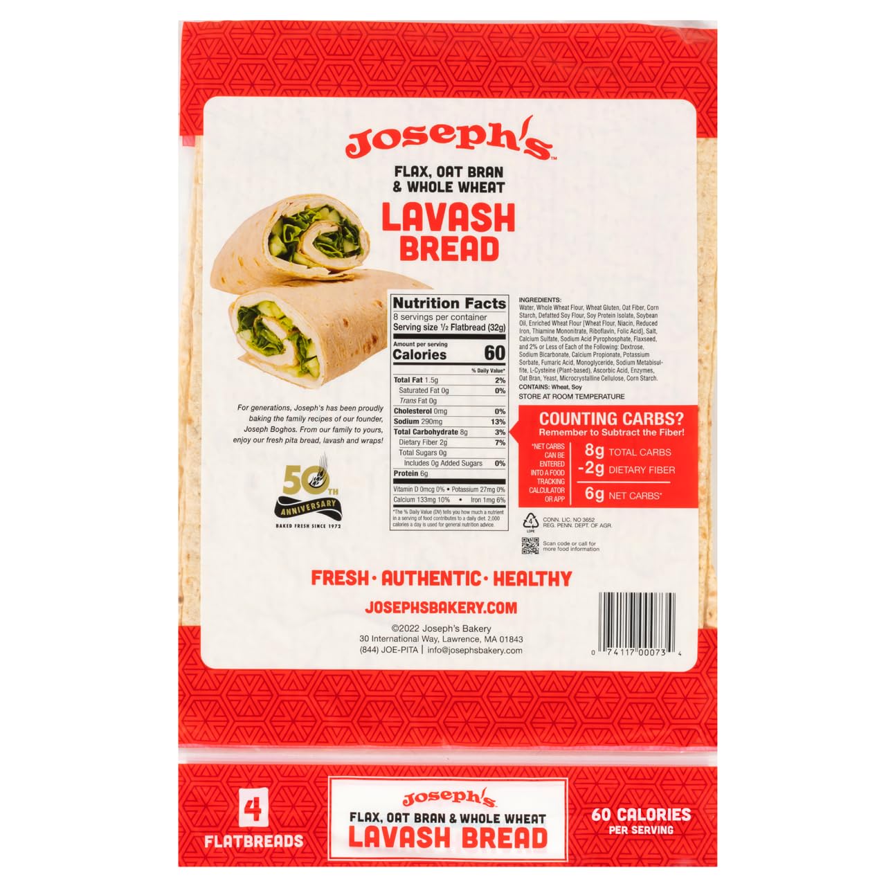 Joseph's Bakery Lavash Bread, Flax Oat Bran & Whole Wheat, Reduced Carb, Fresh Baked (8 Count Flax)