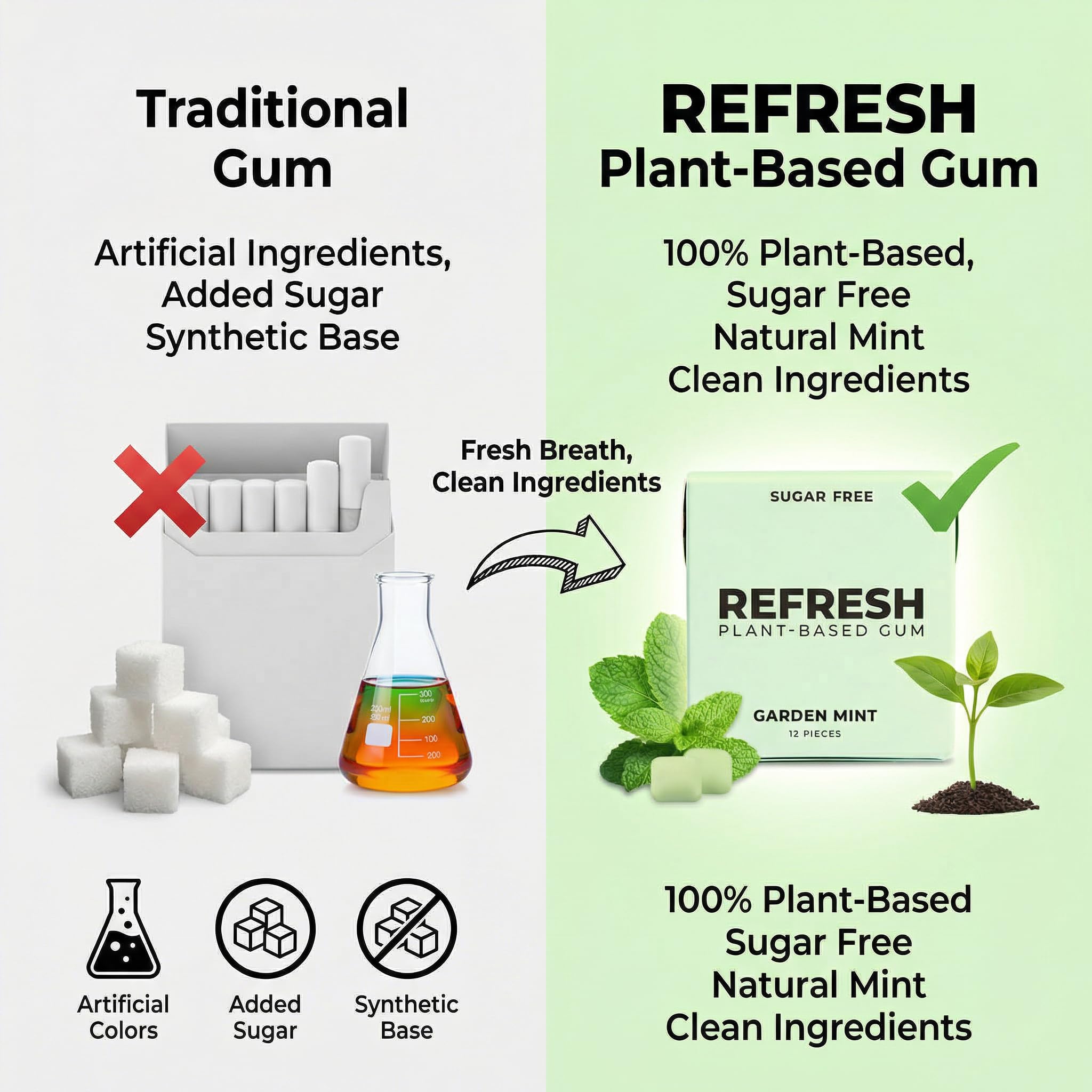 Refresh Gum Garden Mint - 12 Piece Sugar - Xylitol for Daily Use - Bubble Style Chewing Gum Bulk Alternative - Remineralizing Pure Mint Flavor