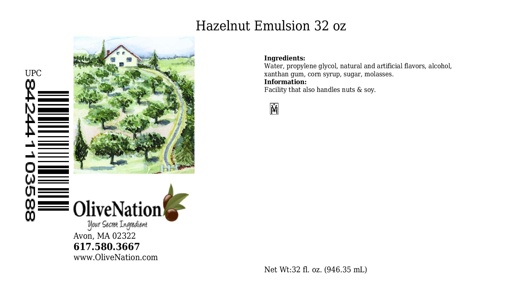 OliveNation Hazelnut Baking Emulsion, Rich Nutty Water Soluble Flavoring for Cakes, Filling, Icing, Beverages. Non-GMO, Gluten Free, Kosher, Vegan -32
