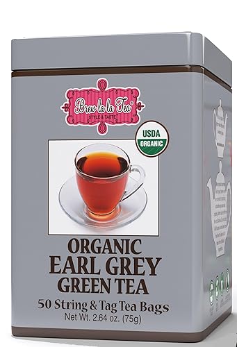 Brew La La Organic Earl Grey Green Tea - 50 Tea Bag Tin - Low Caffeine - USDA Certified Organic