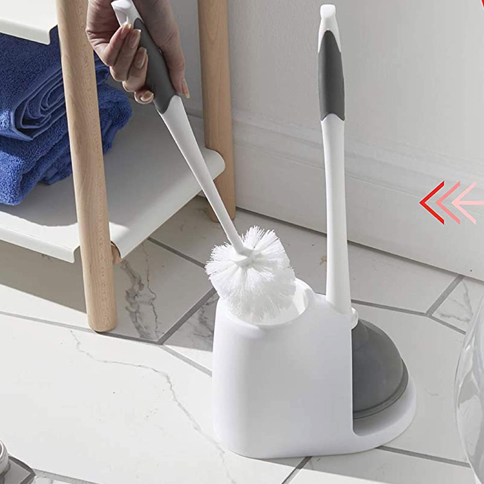 Clorox Toilet Plunger and Brush Bowl Set with Holder Caddy Storage for Cleaning Bathroom and Unclogging Toilets, White and Gray
