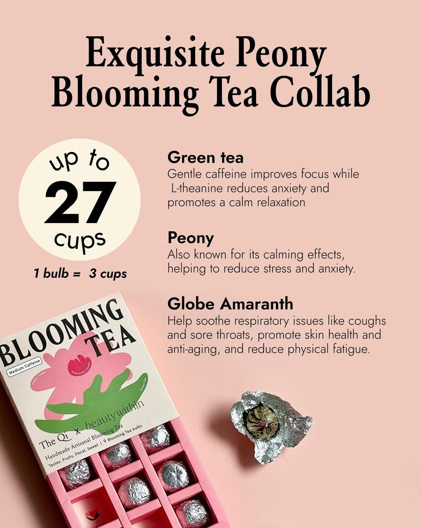 The-Qi Inner Beauty Peony Blooming Flower w/Green Tea - 9 Pcs Handpicked All Natural Blooming Flower Tea - Peony & Globe Amaranth Blend Qi Gift Set