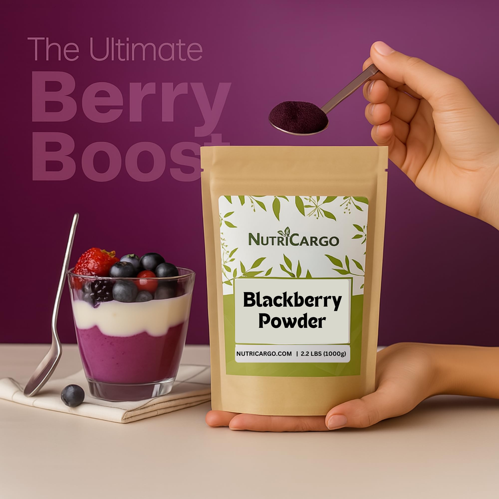 NutriCargo Blackberry Powder 2.2 lbs (1000g) - Made from Fresh Frozen Blackberries - Fine Fruit Powder for Smoothies, Baking, Flavoring & Culinary Use