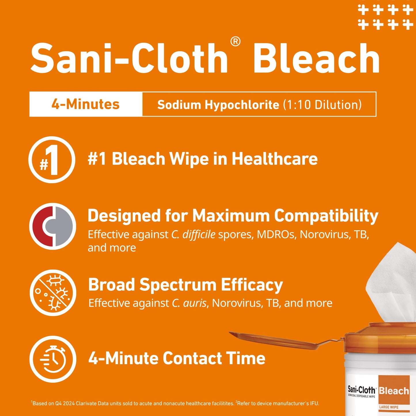 PDI Sani-Cloth Bleach Disinfecting and Cleaning, 160 Count Canister, Medium 6" x 5" Wipes, Hospital-Grade Bleach for Healthcare, Vet, and C. Diff