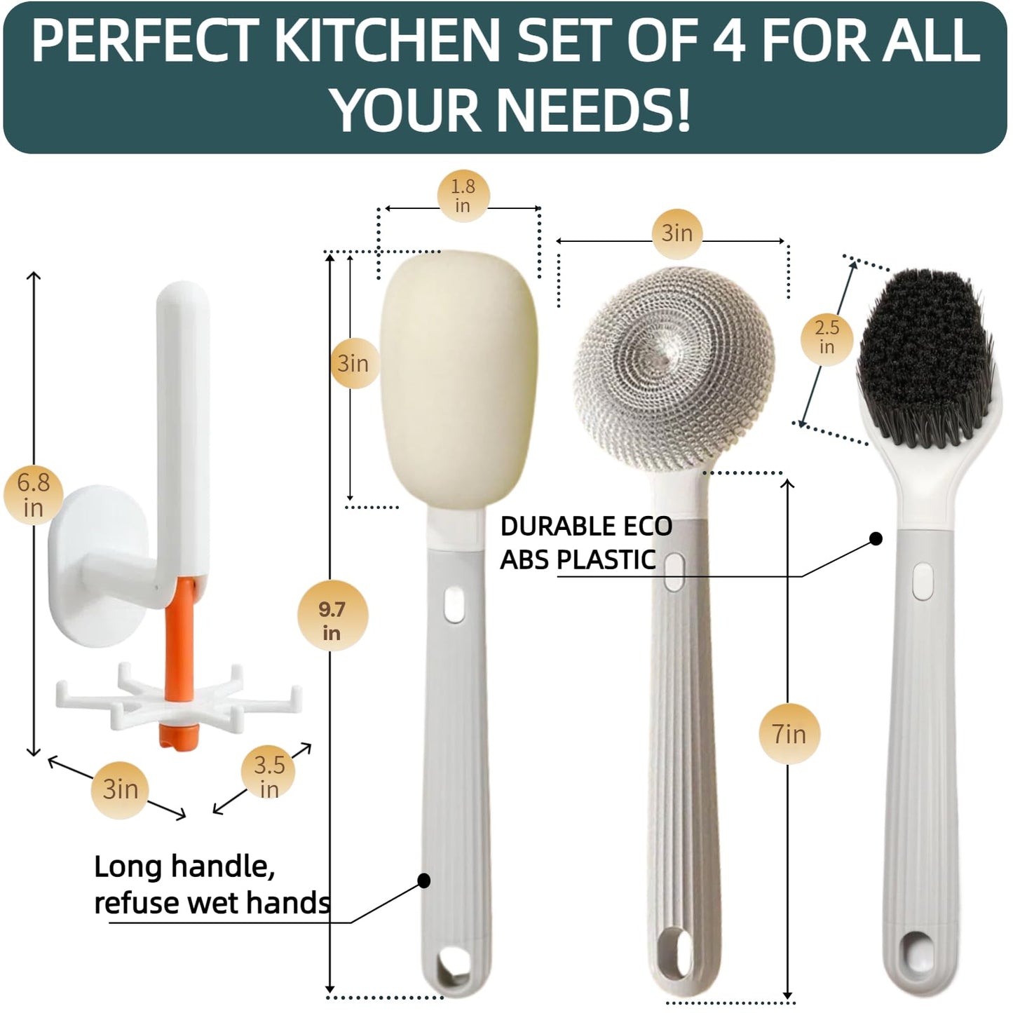 Steigullage Dish Brush with Handle,4-Pieces Dish Brush Set with Holder,Replaceable Brush Heads Long Handle Kitchen Scrubber,for Pots,Sink,Pans