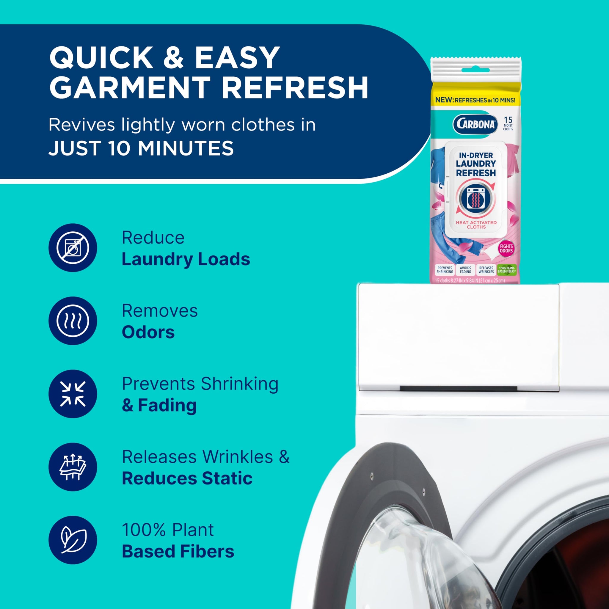 Carbona Laundry Refresh Dryer Sheets 15ct | Odor Eliminator, Wrinkle Releaser, Fabric Softener | Heat-Activated, Static Reducer, Prevents Shrinking