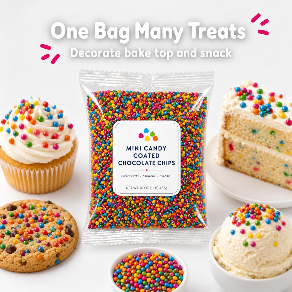 Mini Candy-Coated Chocolate Chips - Rainbow Chocolate Bits - Colorful Candy Shell Chocolate Drops - Bulk Candy for Baking, Toppings & Parties (1 lb)