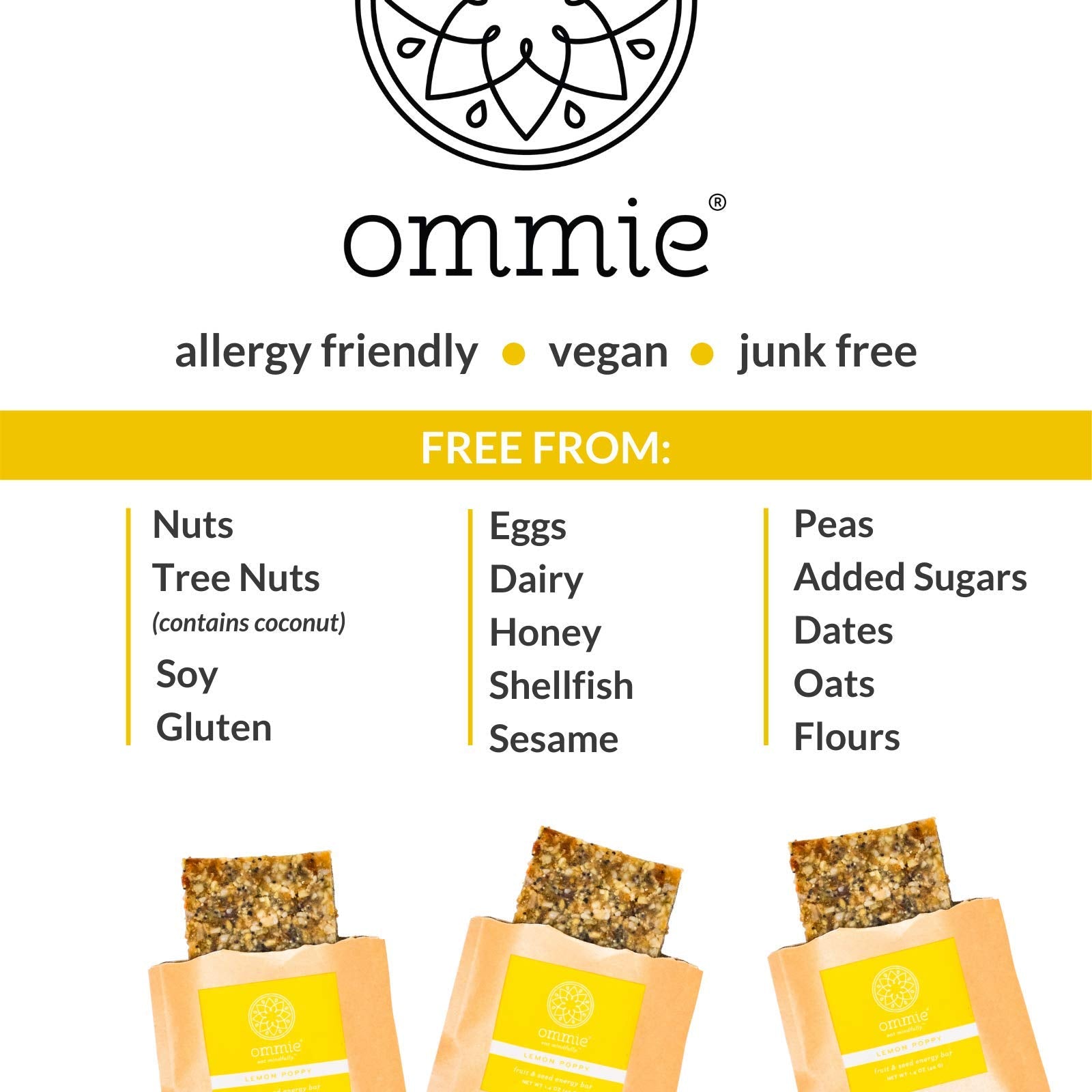 Ommie Snacks Nut-Free Energy Bar (7 Pack) - Lemon Poppy Fruit & Seed Granola Bar | Allergy Free: Nut Free, Gluten Free, Soy Free, Egg Free, Dairy Free