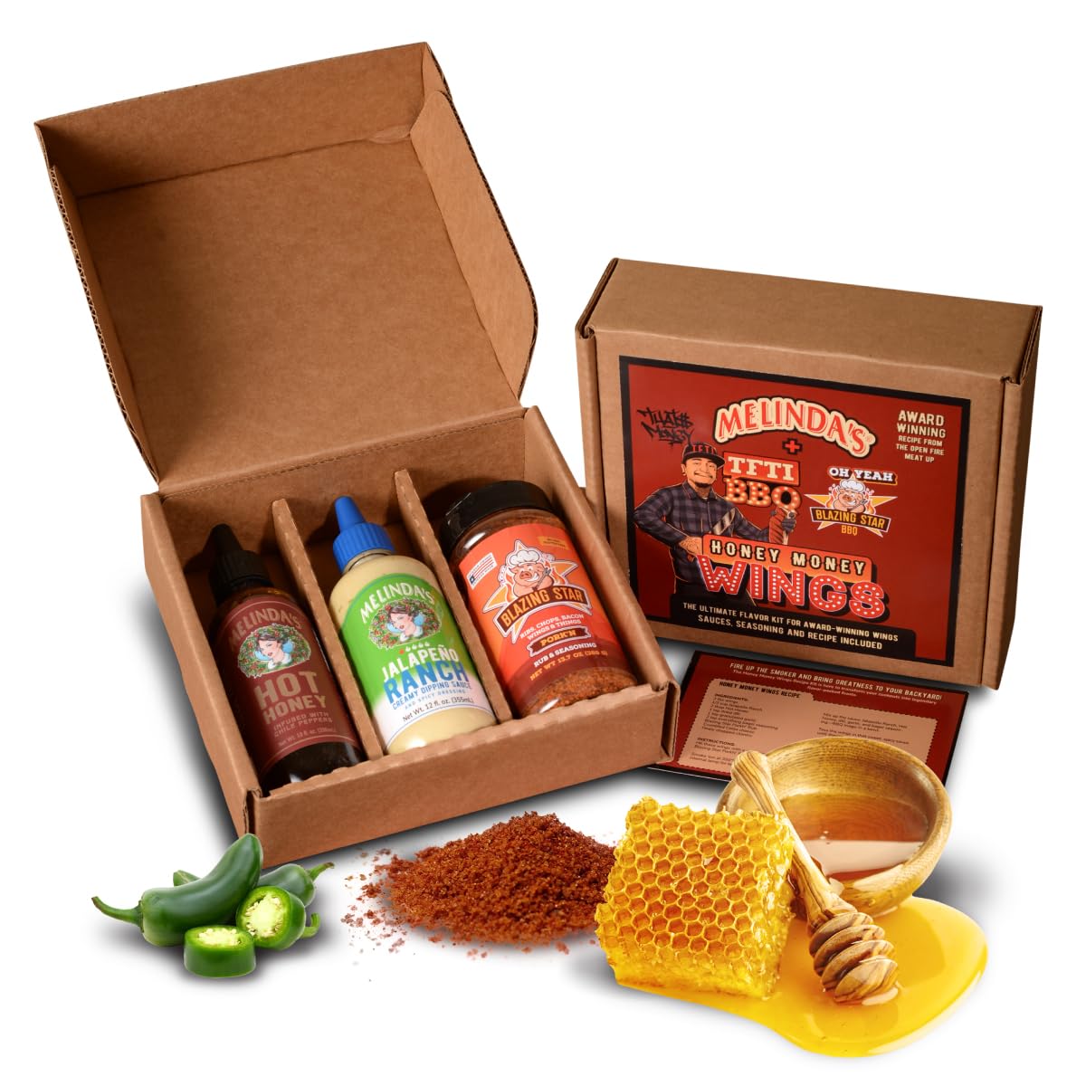 Melinda’s Honey Money Wings Recipe Kit - 3 Pack + Recipe - 2024 Open Fire Meat Up Award Winning Kit from Tony "Tone" Ramirez Includes Hot Honey