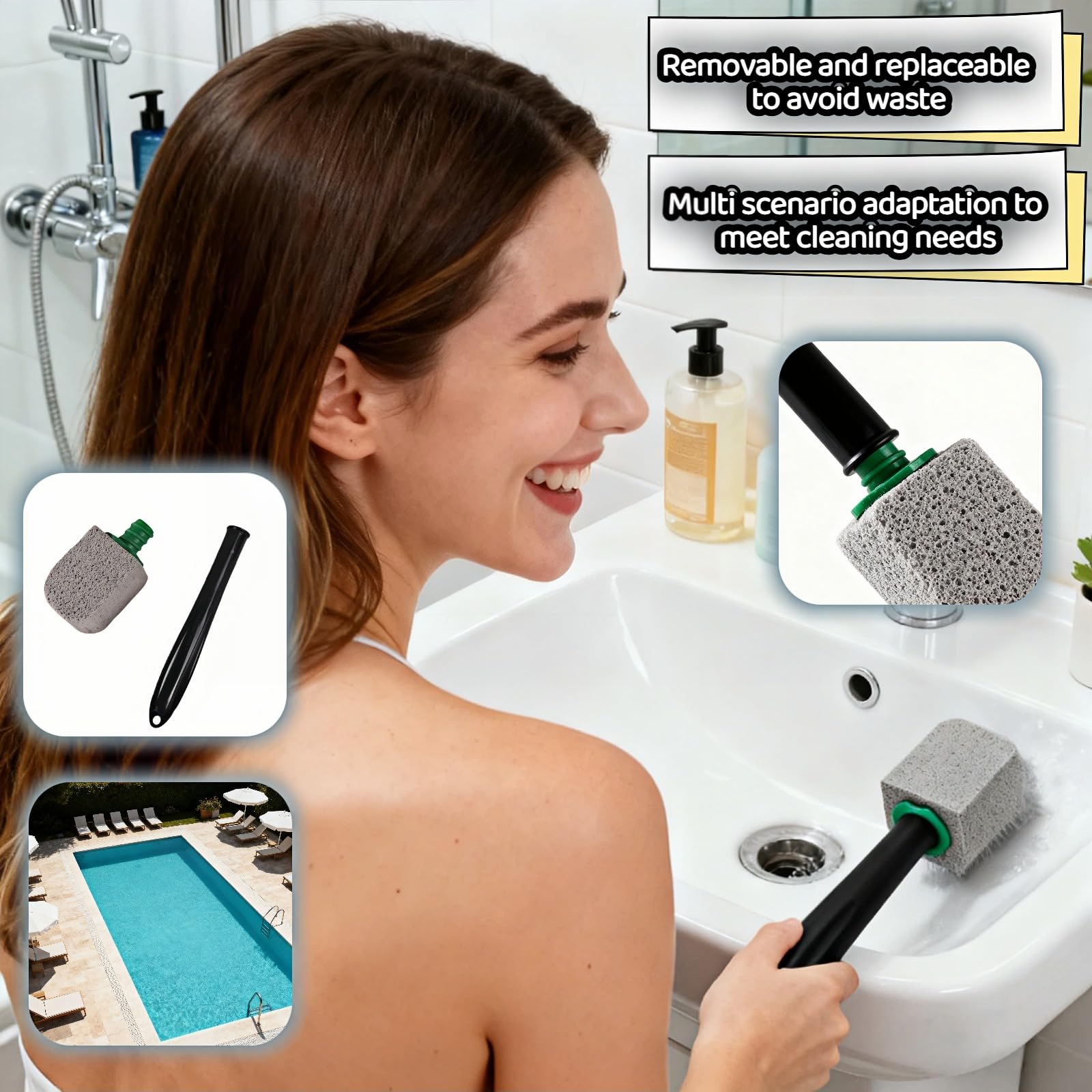 SAYUANVA Pumice Toilet Bowl Cleaning Stone with Handle, Replaceable Heads, Natural Pumice Scrubber for Hard Water Stains, Multi-Surface Safe, 9.5