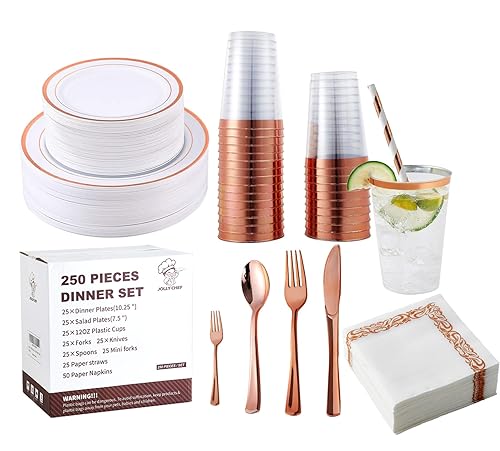 250 Count Rose Gold Disposable Plastic Dinnerware Set, 50 Rose Gold Plastic Plates, 25 Silverware, 25 Cups and Straws, 50 Napkins, Perfect for Wedding
