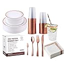 250 Count Rose Gold Disposable Plastic Dinnerware Set, 50 Rose Gold Plastic Plates, 25 Silverware, 25 Cups and Straws, 50 Napkins, Perfect for Wedding
