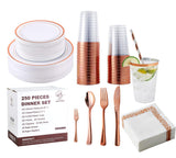250 Count Rose Gold Disposable Plastic Dinnerware Set, 50 Rose Gold Plastic Plates, 25 Silverware, 25 Cups and Straws, 50 Napkins, Perfect for Wedding