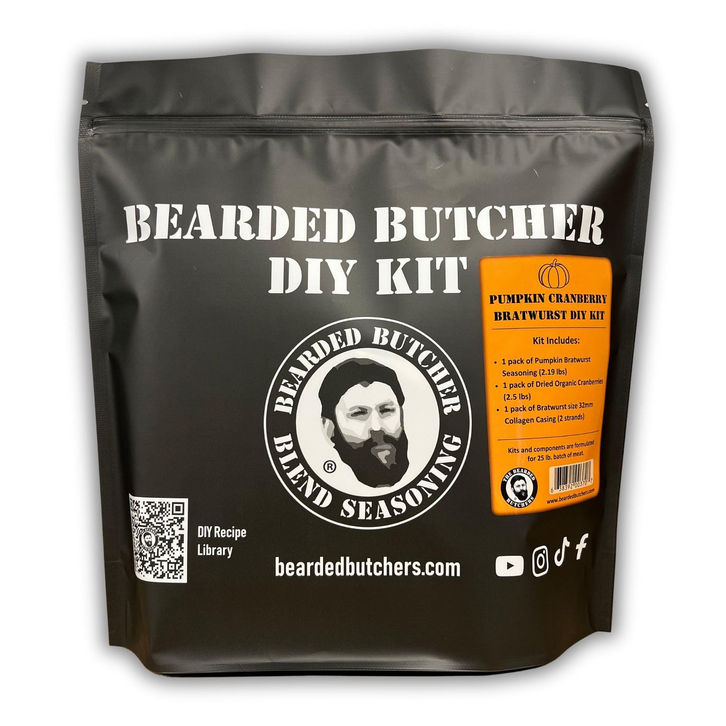 Bearded Butchers Pumpkin Cranberry Bratwurst DIY Kit - Sweet & Savory Fall Flavors with Pumpkin Spice Seasoning, Organic Dried Cranberries, and 32mm