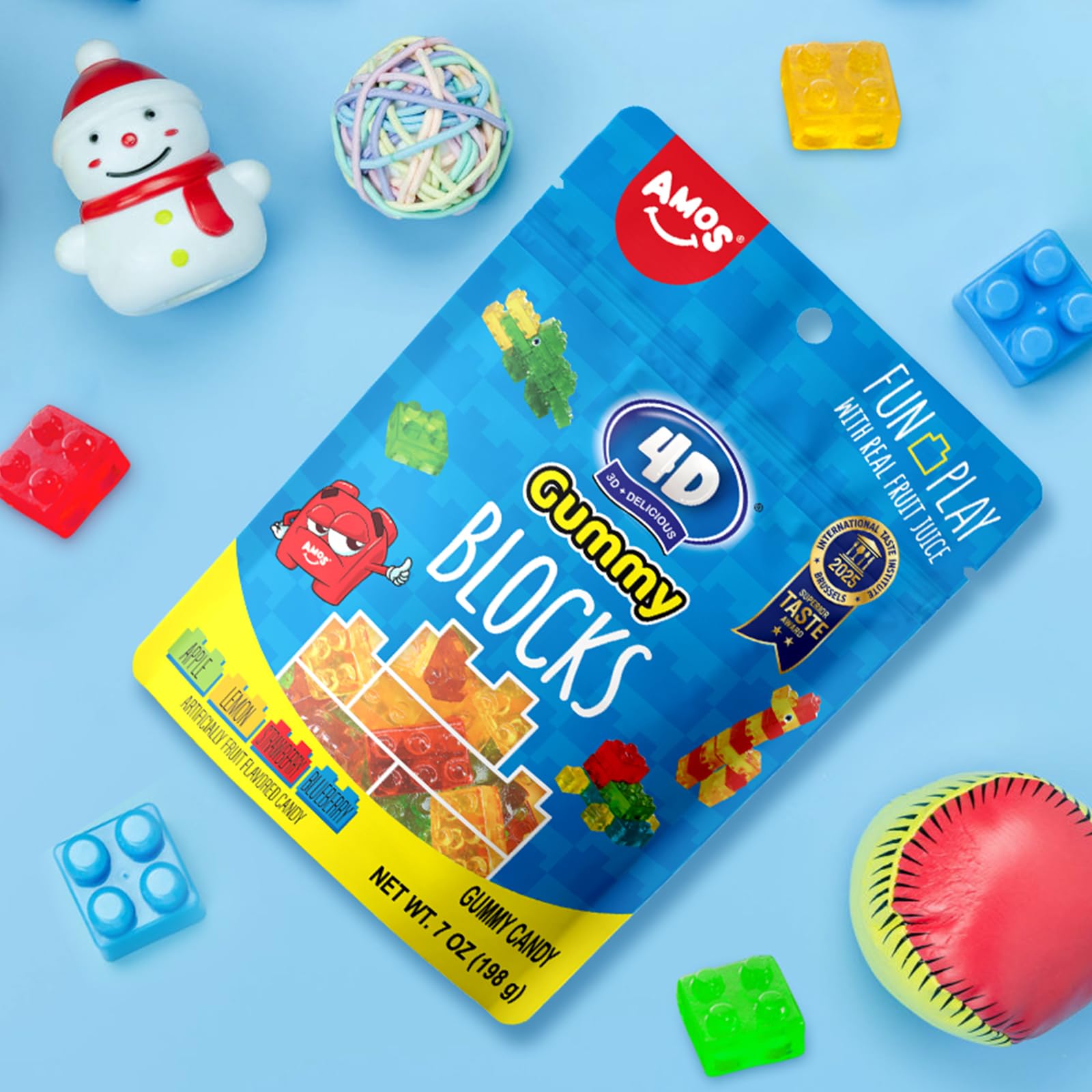 AMOS 4D Gummy Blocks - 7oz (198g) Fruit-Flavored Building Block Gummies, Fun Play Edible Candy with Real Fruit Juice, Artificial Flavor