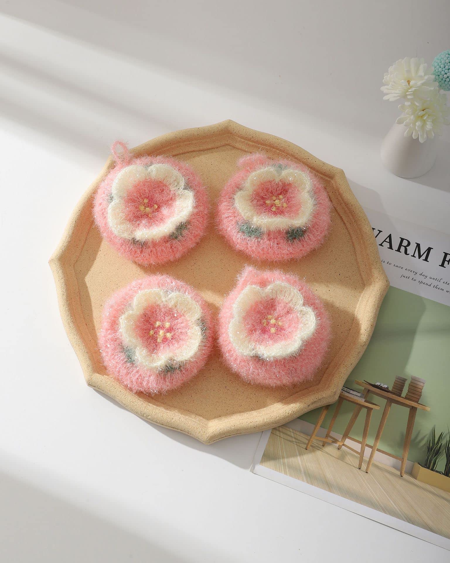 Cherry Blossom Shaped Acrylic Dish Scrubber, Flower Shaped Hand Crochet Non-Scratch Dish Sponge, Pink Flower Shaped Kitchen Sponge Washing Dishes