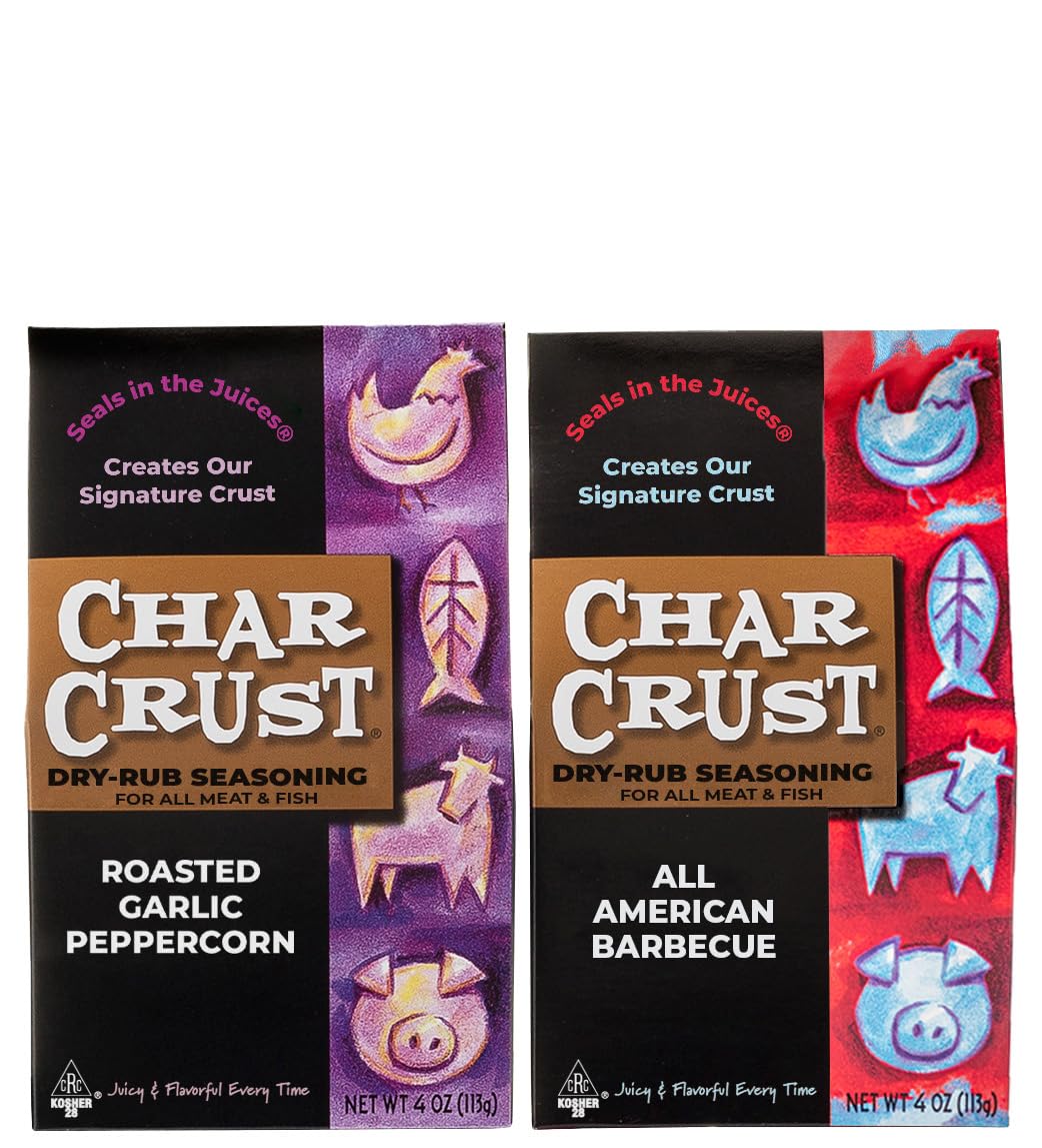 Char Crust Dry-Rub Seasonings 2-Flavor Grilling Gift Pack | All American Barbecue and Roasted Garlic Peppercorn | BBQ Rubs for Steak, Chicken