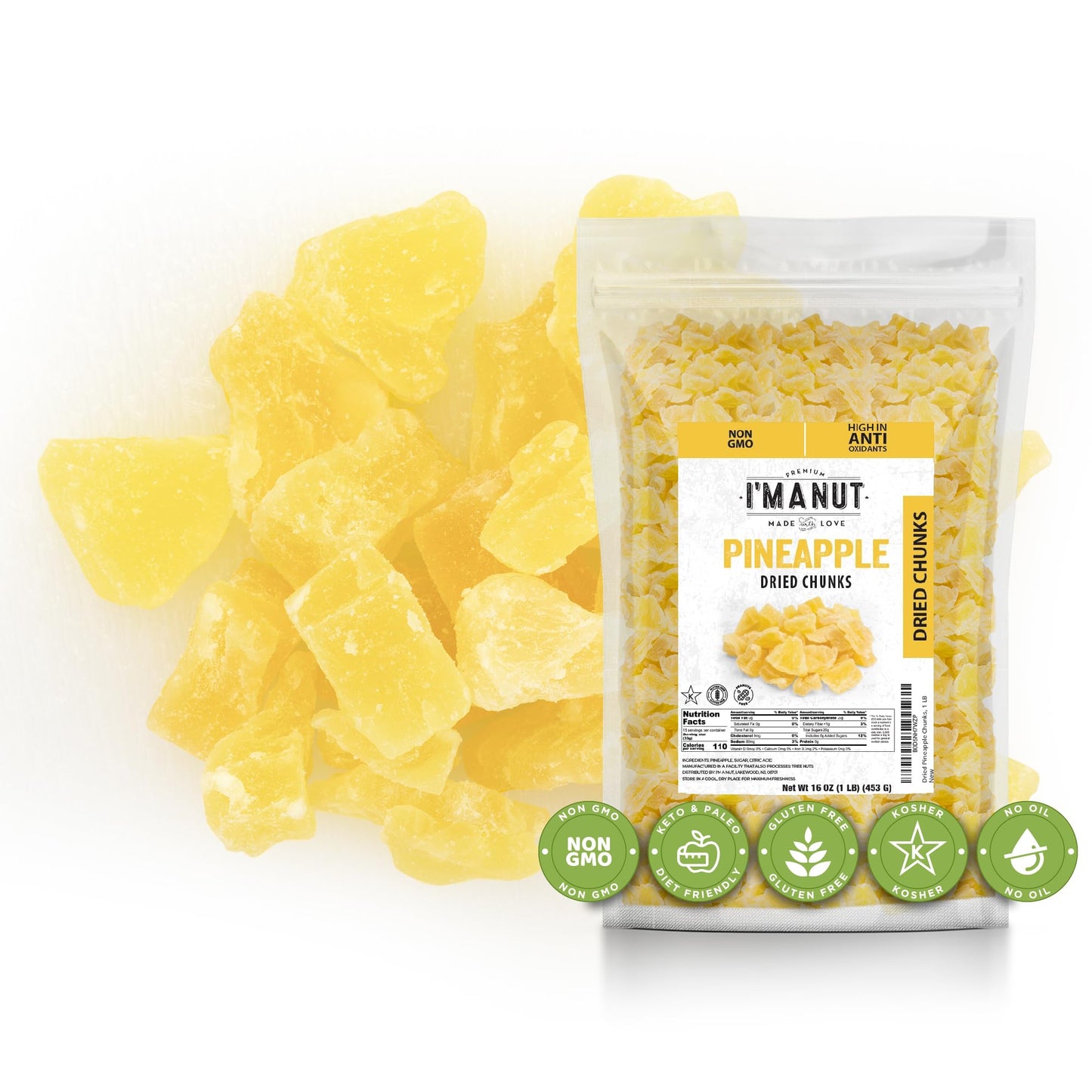 Premium Dried Pineapple Chunks 16oz | Non-GMO, Batch Tested Gluten & Peanut Free | Ethically Sourced for Guilt-Free Snacking | Fresh, Crispy