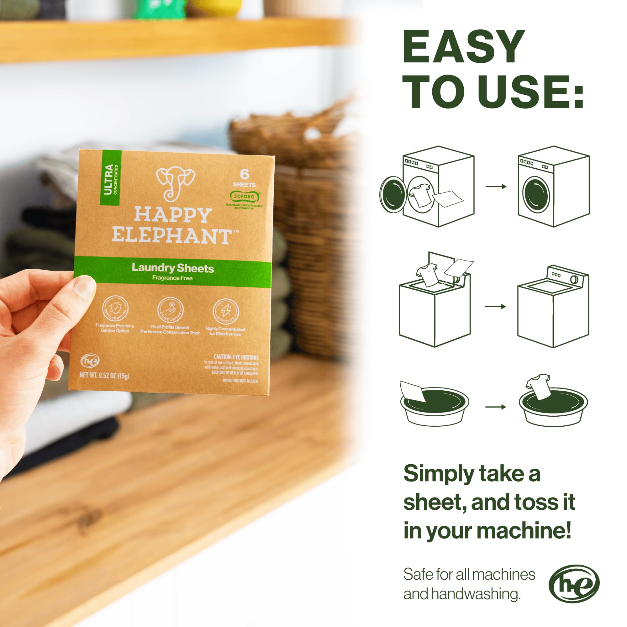Happy Elephant Laundry Detergent Sheets, Fragrance Free, Natural Biodegradable Laundry Sheets, Plant Based, Tough on Stains, Gentle on Skin