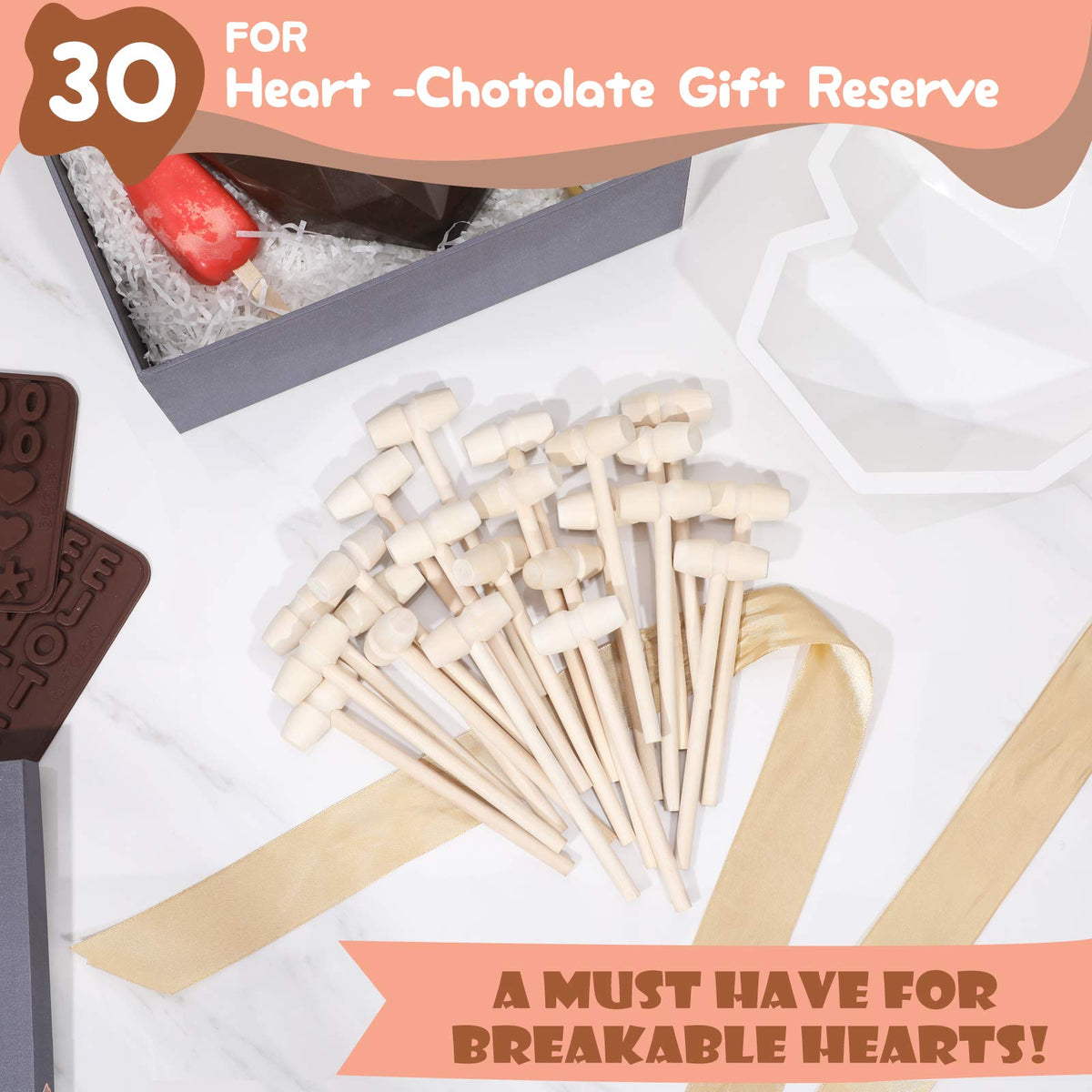 30 Pcs Wooden Hammers for Chocolate, Mini Breakable Heart Hammer Mallet for Chocolate Smash-able Heart, Smooth Finished Lacquer Free