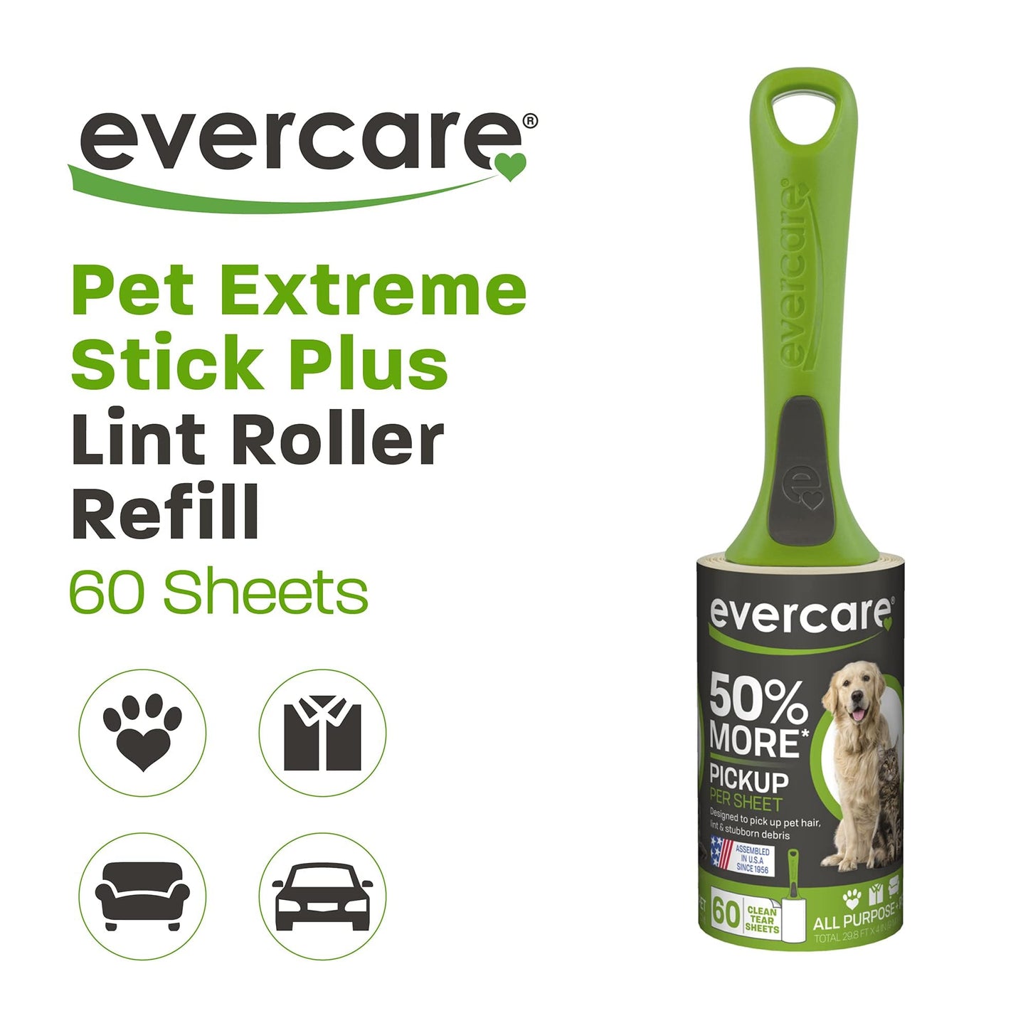 Evercare Giant Extreme Stick Lint Roller Brushes with 60 Easy-Peel Sheets, Pack of 5 Refillable Lint Rollers for Hair and Debris (300 Sheets Total)