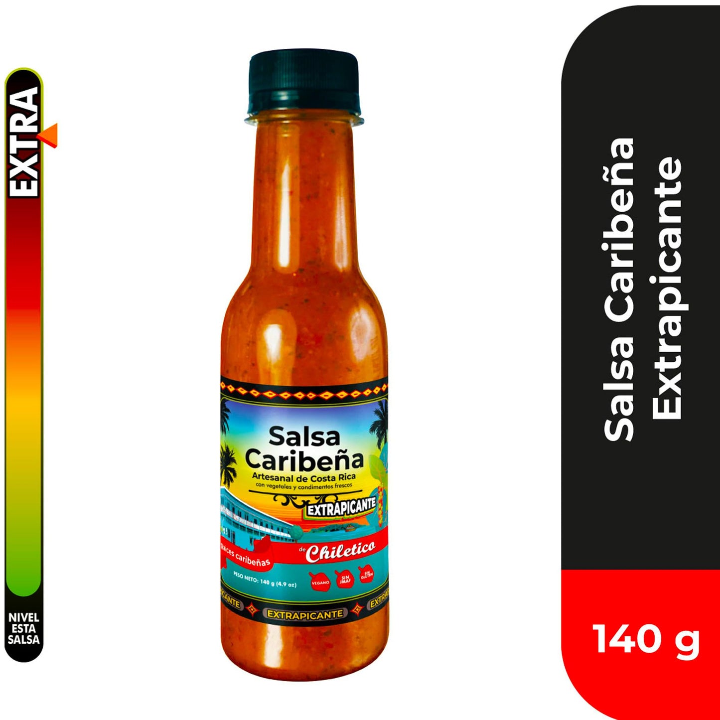 Chiletico Caribbean Extra Hot Sauce - Artisan and Authentic Costa Rican Salsa Picante - Intense Heat with Bold Tropical Flavor - Each Bottle of 4.9 oz