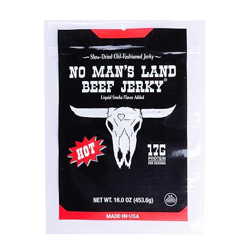 No Mans Land Premium Beef Jerky | 17G High Protein Slow-Dried Beef Snack | Smoked & Seasoned Jerky Strips | HOT 16oz Bag
