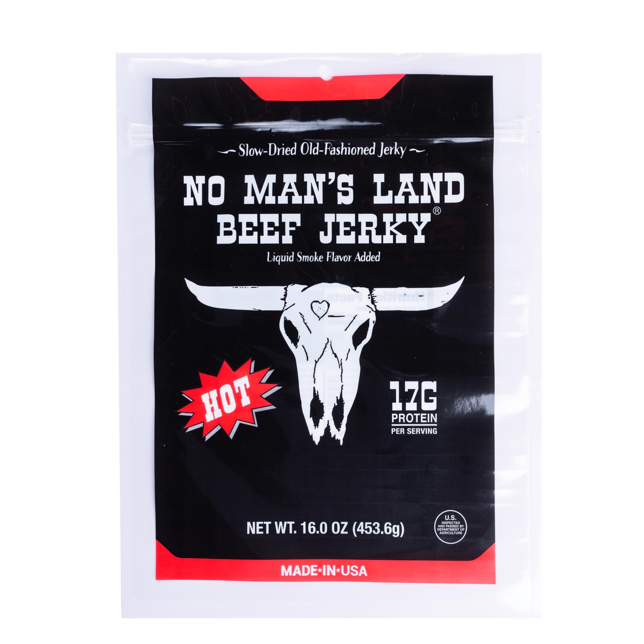 No Mans Land Premium Beef Jerky | 17G High Protein Slow-Dried Beef Snack | Smoked & Seasoned Jerky Strips | HOT 16oz Bag