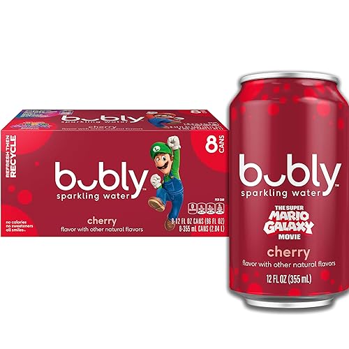 bubly Sparkling Water, The Super Mario Galaxy Movie Cherry, Zero Sugar & Zero Calories, 12 Fl Oz Cans (Pack of 8), Packaging May Vary