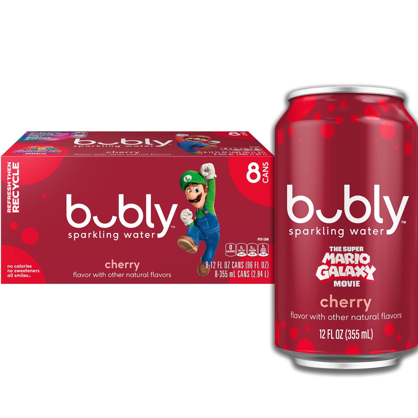 bubly Sparkling Water, The Super Mario Galaxy Movie Cherry, Zero Sugar & Zero Calories, 12 Fl Oz Cans (Pack of 8), Packaging May Vary