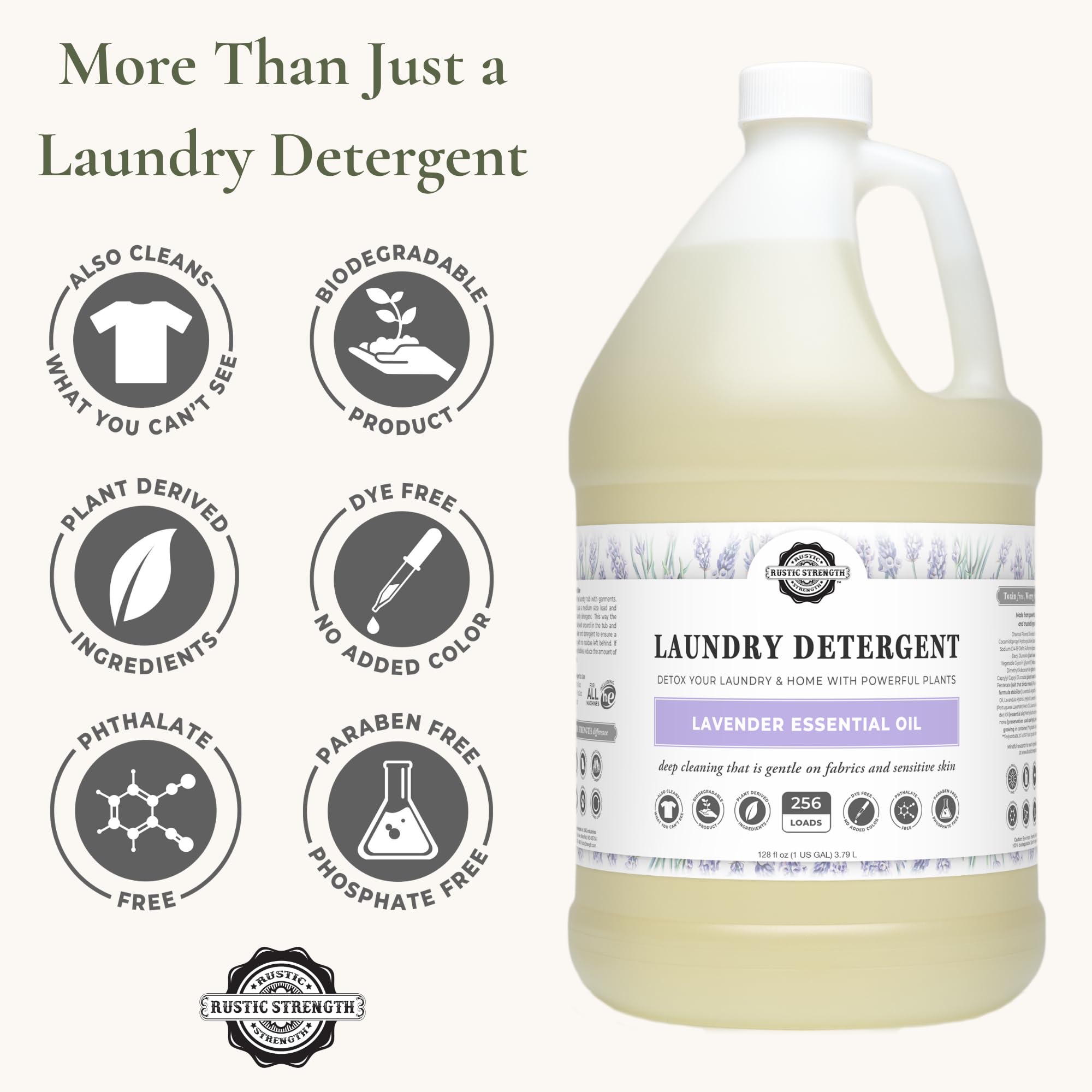 Rustic Strength Natural Laundry Detergent, Lavender Scent, Liquid, Color Safe, Sensitive Skin, HE Compatible, Gallon Plastic