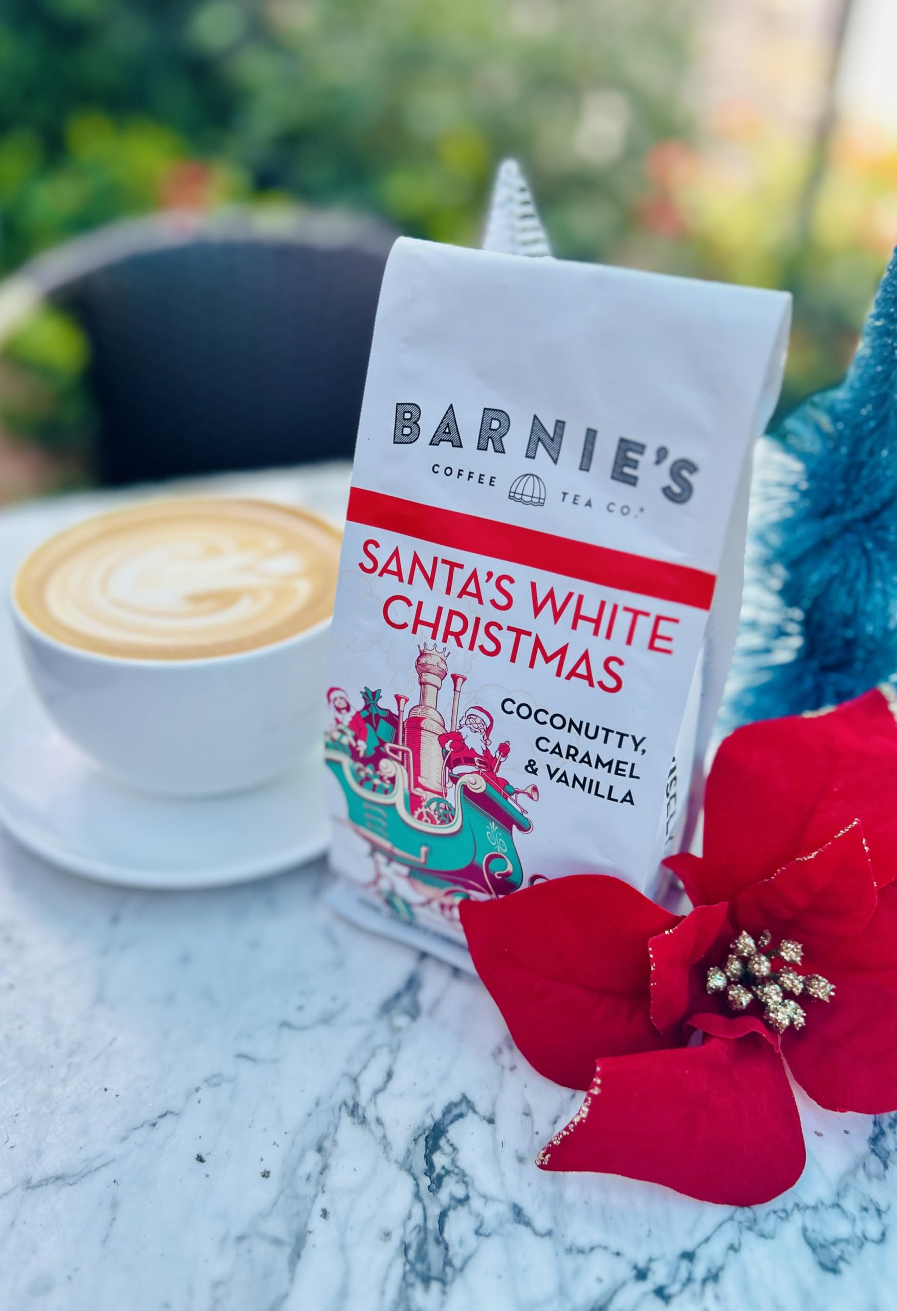 BARNIE'S COFFEE TEA Santa's White Christmas Ground Coffee with Smooth Coconut, Caramel, and Warm Vanilla Flavors, Medium Roasted Arabica Coffee Beans