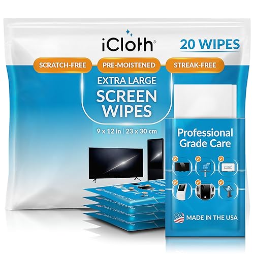 iCloth XL Screen Cleaning Wipes, Lint-Free and Streak-Free, Fast-Drying, Removes Dust, Fingerprints, and Smudges (20 XL Wipes)