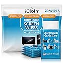 iCloth XL Screen Cleaning Wipes, Lint-Free and Streak-Free, Fast-Drying, Removes Dust, Fingerprints, and Smudges (20 XL Wipes)