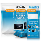 iCloth XL Screen Cleaning Wipes, Lint-Free and Streak-Free, Fast-Drying, Removes Dust, Fingerprints, and Smudges (20 XL Wipes)