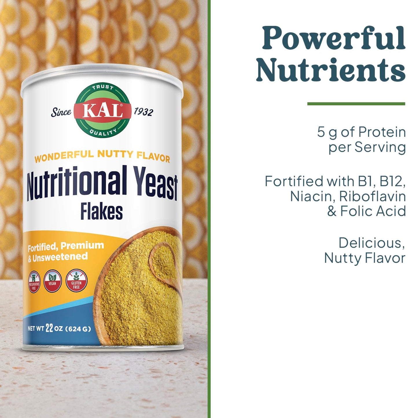 KAL Nutritional Yeast Flakes, Fortified with B12, Folic Acid & Other B Vitamins, Unsweetened, Great Nutty Flavor, Vegan & Gluten Free, 60-Day Money