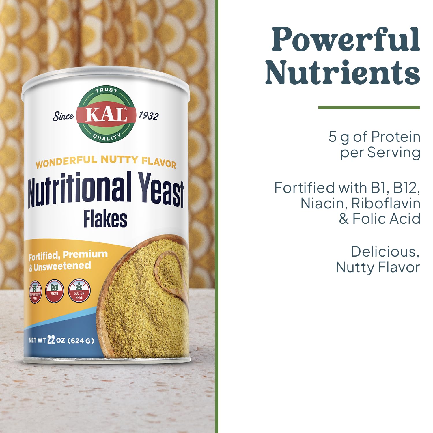KAL Nutritional Yeast Flakes, Fortified with B12, Folic Acid & Other B Vitamins, Unsweetened, Great Nutty Flavor, Vegan & Gluten Free, 60-Day Money