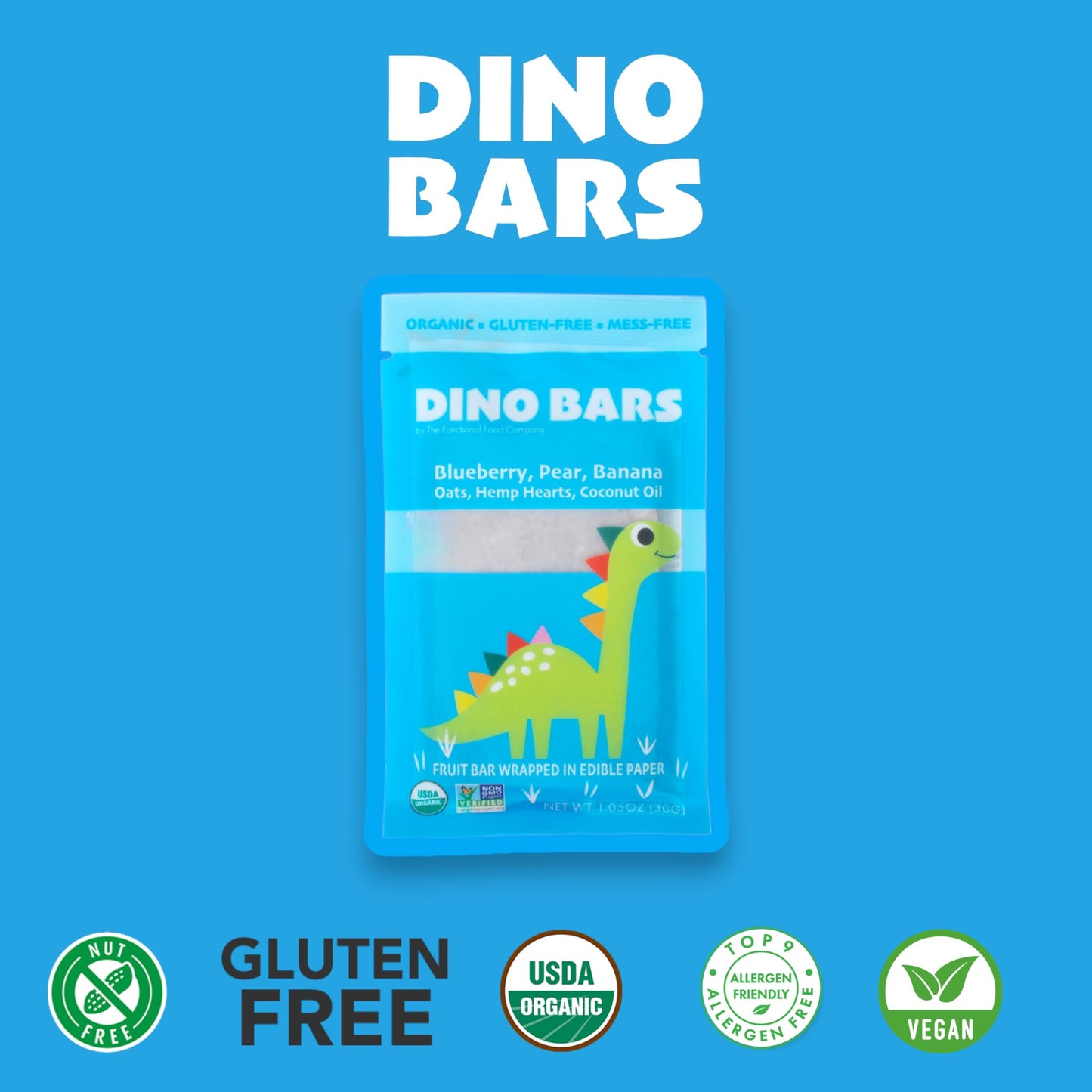 Dino Bars | Organic Fruit Bar for Kids | Organic Toddler Bars and Dinosaur Snacks | Fruit + Oats + Hemp Hearts with Edible Paper | Blueberry Kids Bar