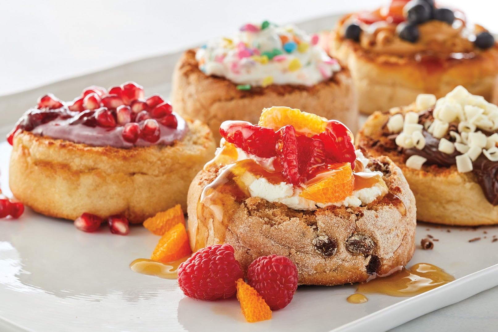 Wolferman's Super-Thick English Muffins, Multi-Grain Honey, Cinnamon Raisin, Blueberry, Cranberry Citrus, And Cherry Blossom, Breakfast Sandwiches