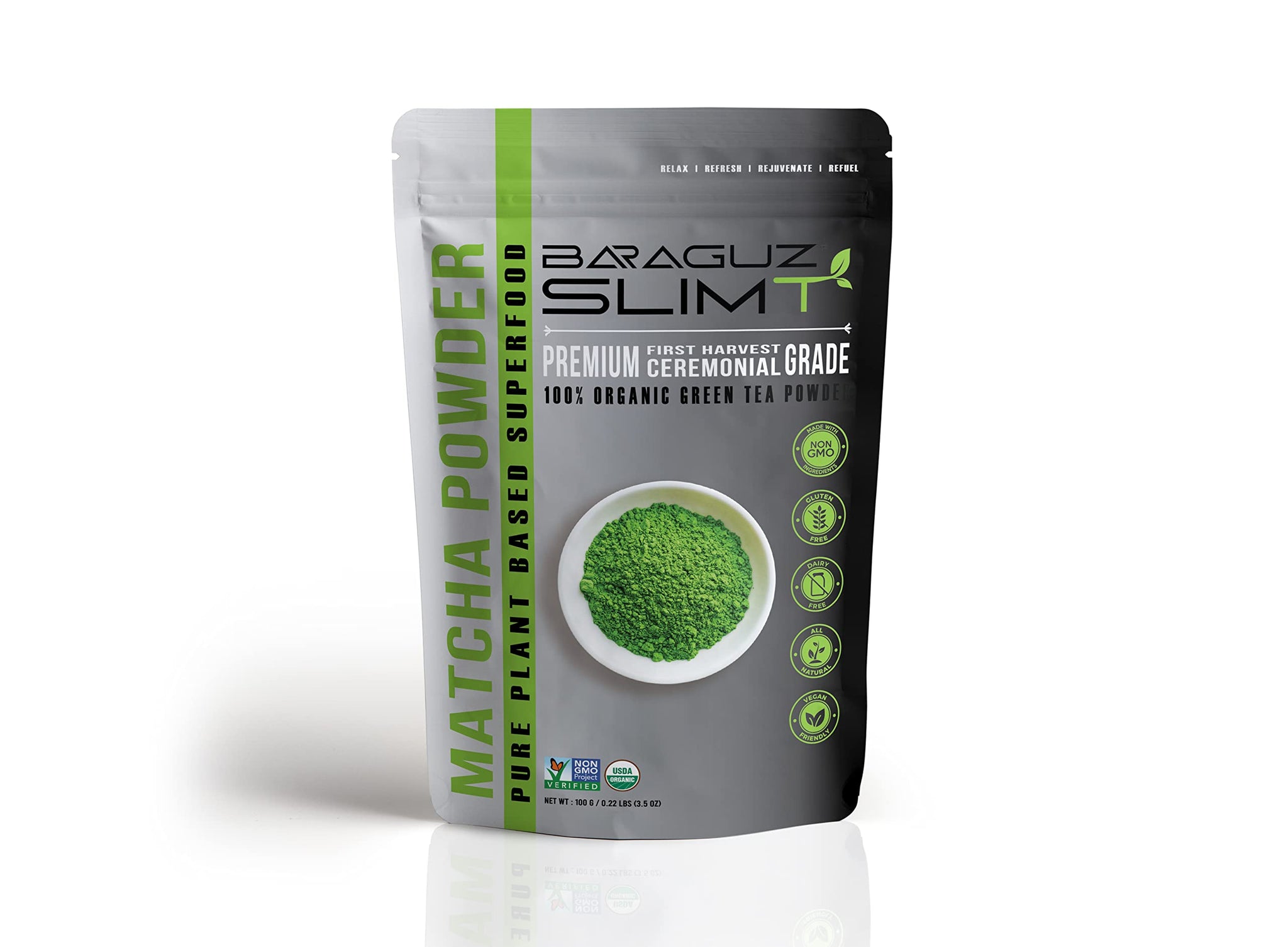 Baraguz SlimT Organic Ceremonial Grade Matcha Green Tea Powder - Authentic Premium First Harvest - 3.53 Ounces