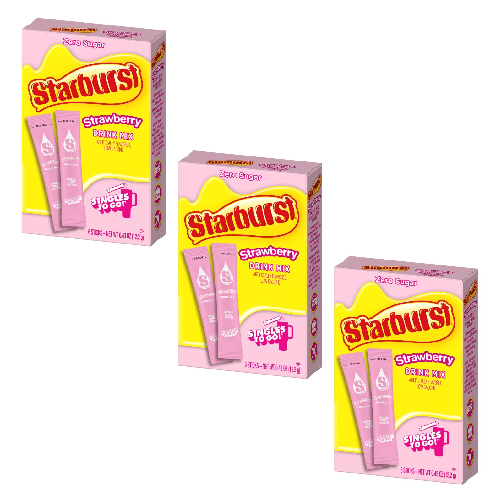 Starburst Singles To Go Powdered Drink Mix, All Pink Strawberry, 3 Boxes with 6 Packets Each - 18 Total Servings, Sugar-Free Drink Powder, Just Add