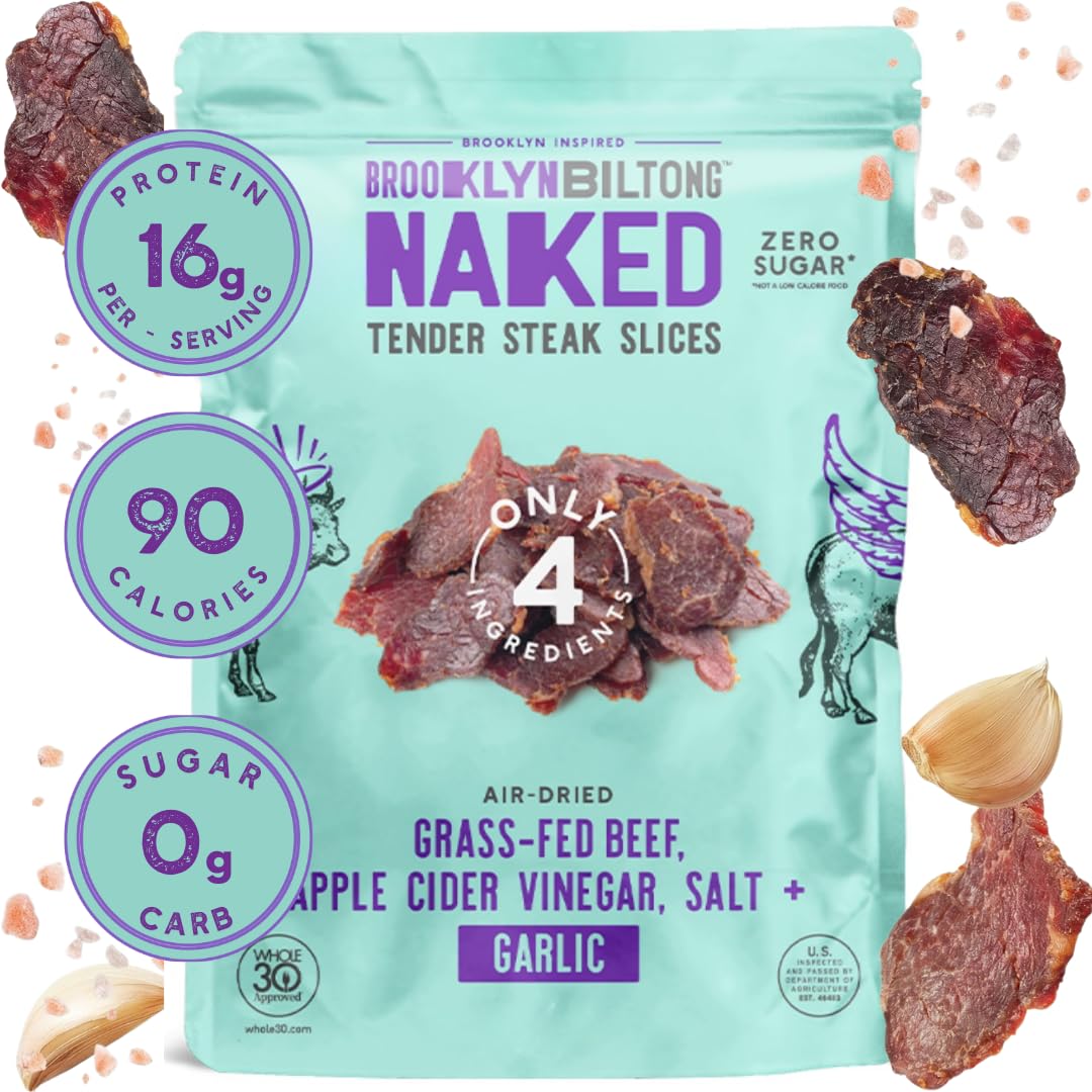 Brooklyn Biltong Steakhouse, Garlic Naked Tender Slices (2oz, Pack of 2), Grass Fed Beef Protein Snacks, 32g Grass Fed Protein Per Pack, Beef Jerky