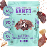 Brooklyn Biltong Steakhouse, Garlic Naked Tender Slices (2oz, Pack of 2), Grass Fed Beef Protein Snacks, 32g Grass Fed Protein Per Pack, Beef Jerky