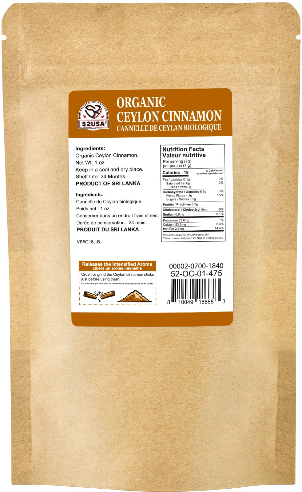 52USA Organic Ceylon Cinnamon Sticks, 1 Ounce (Pack of 1), True Cinnamon Farmed in Sri Lanka, Whole Cinnamon Sticks Bulk, Vegan, Non GMO, 28g