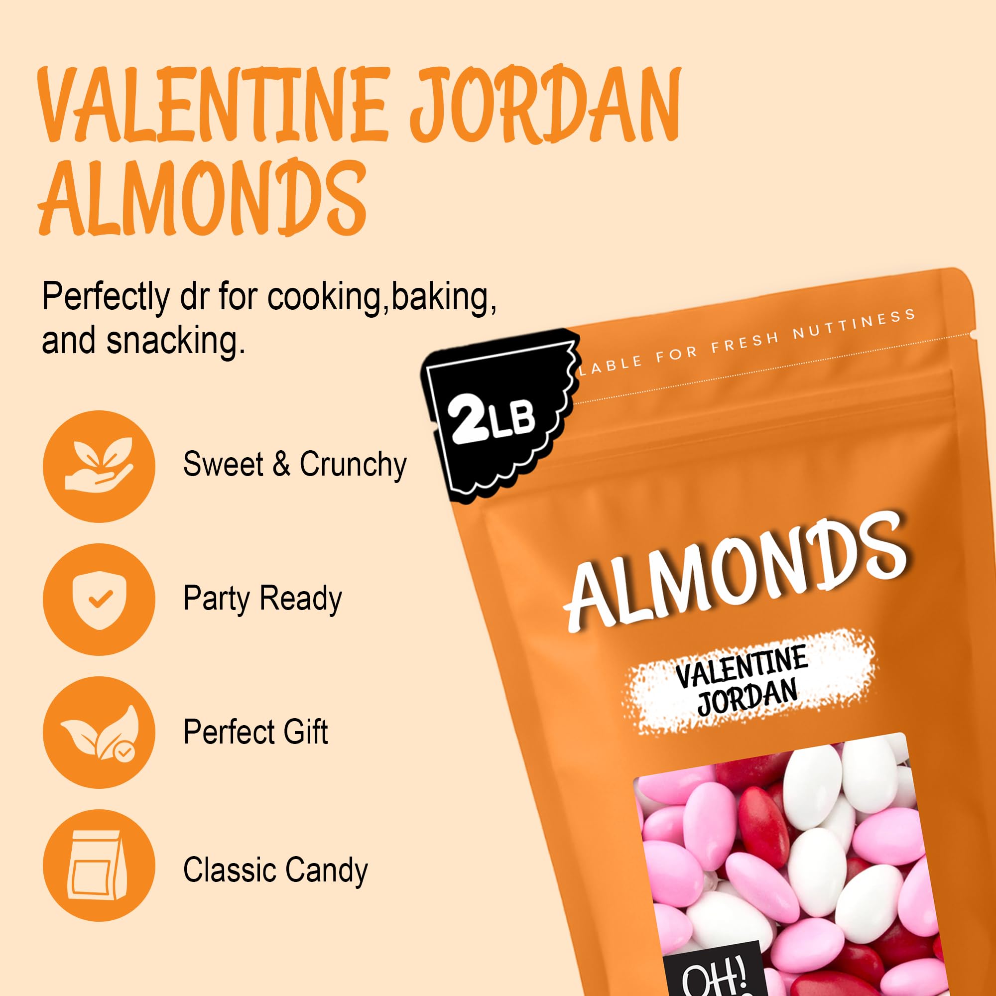 Oh! Nuts Jordan Almonds - Red Pink White - 2 lb - For Easter, Weddings, Baby Showers & Birth - Packed in New York Zip-Seal Bag for Exceptional