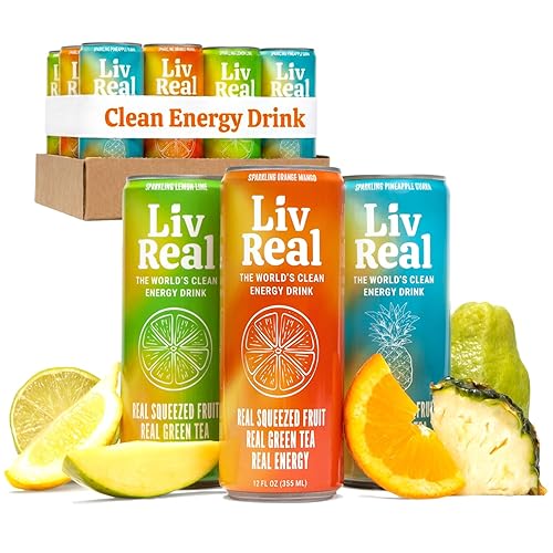 LivReal Clean Energy Drink - Organic Green Tea Caffeine 125mg + L-Theanine 100mg - Real Fruit, No Sweeteners or Flavorings - Vitamin C & B Complex