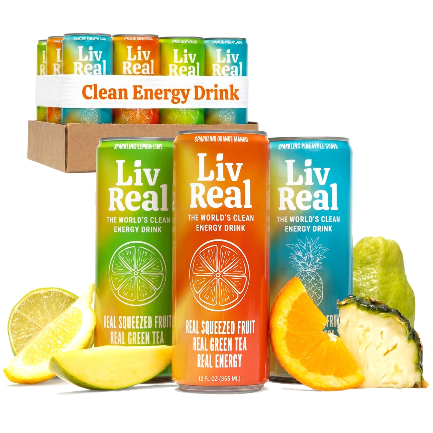 LivReal Clean Energy Drink - Organic Green Tea Caffeine 125mg + L-Theanine 100mg - Real Fruit, No Sweeteners or Flavorings - Vitamin C & B Complex