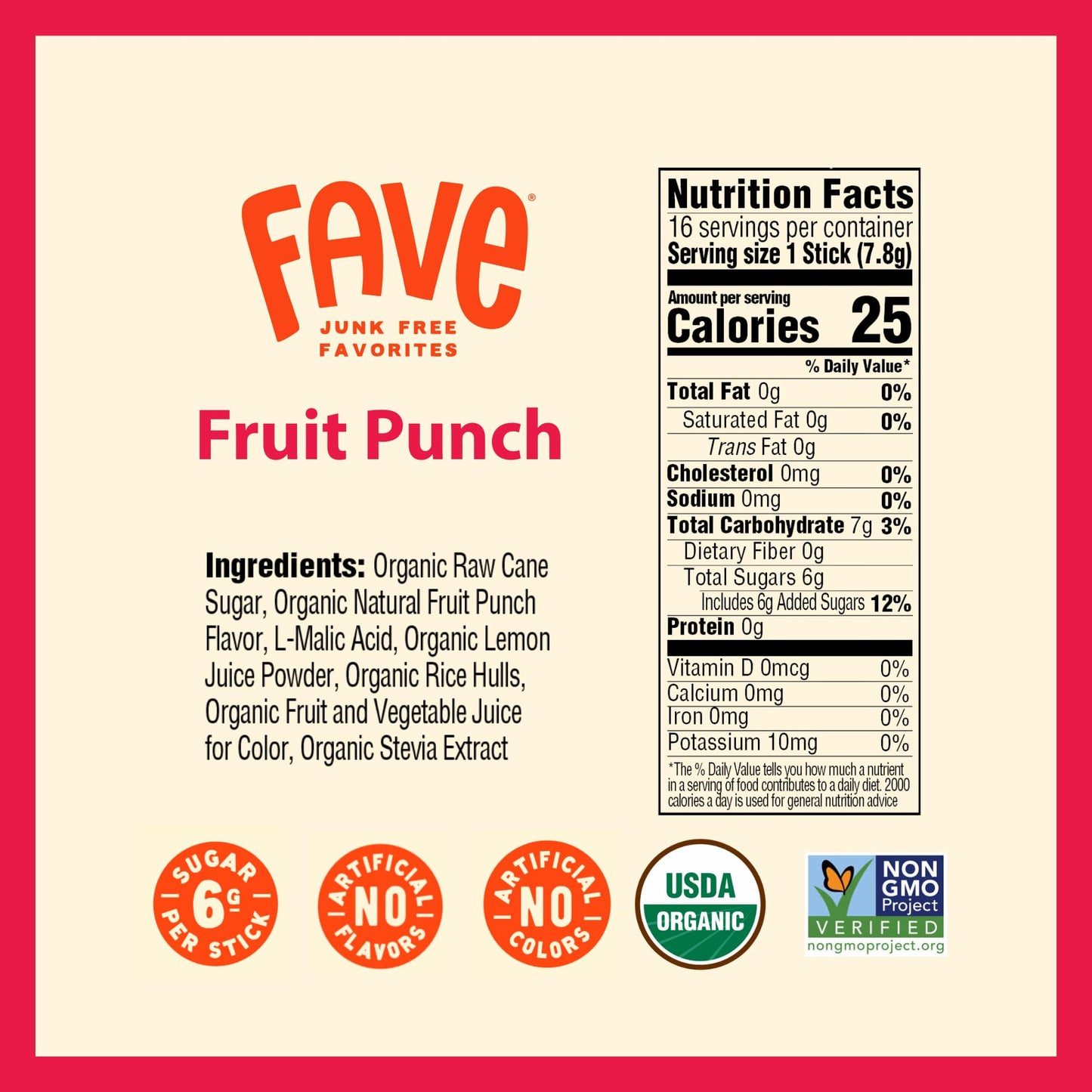 FAVE USDA Organic Fruit Punch Drink Mix, 16 Stick Pouch | No Artificial Colors or Flavors, Non-GMO