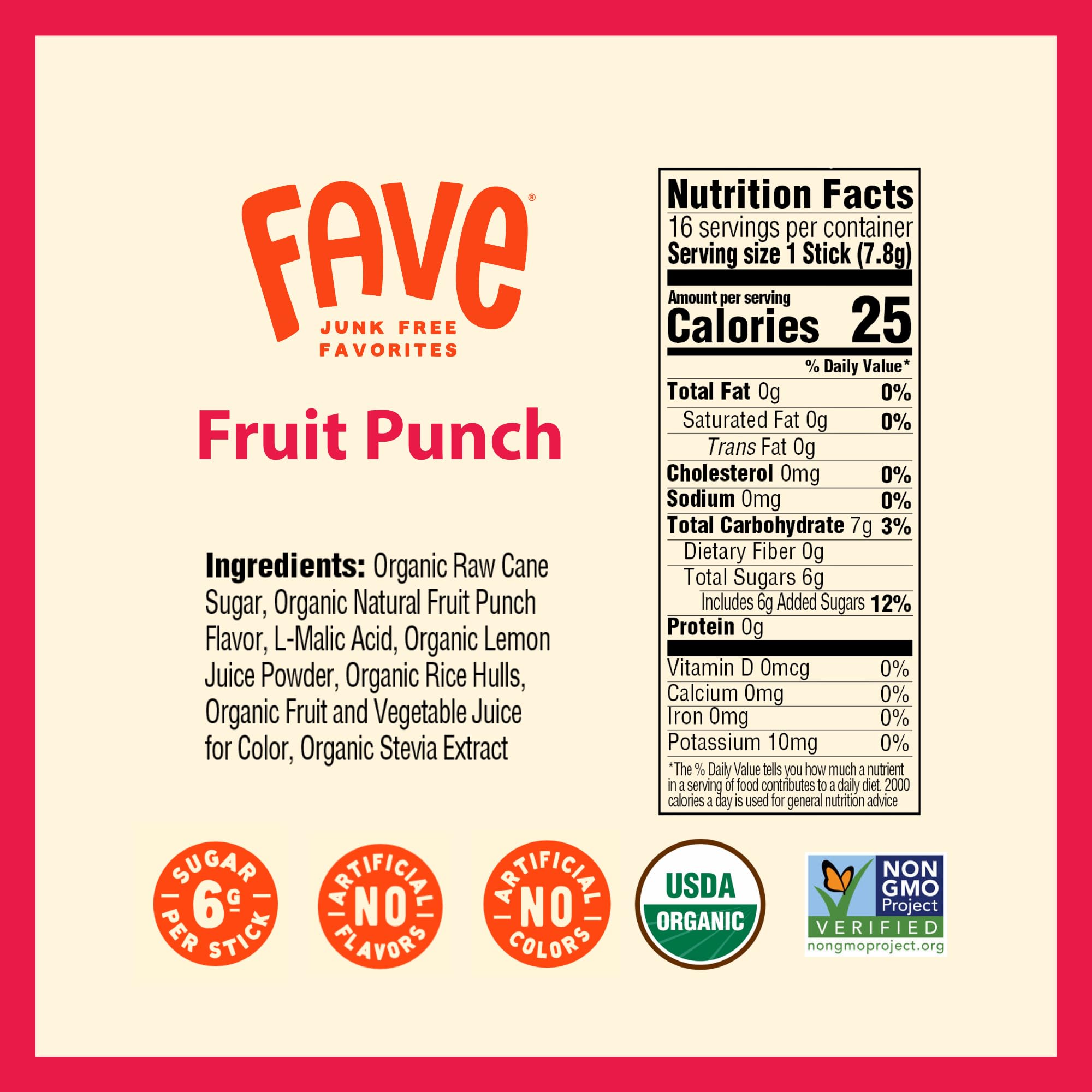 FAVE USDA Organic Fruit Punch Drink Mix, 16 Stick Pouch | No Artificial Colors or Flavors, Non-GMO