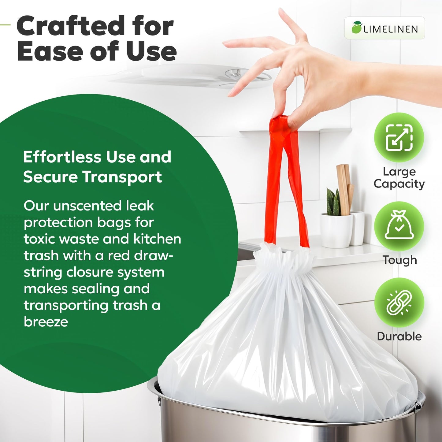 LIMELINEN Tall Kitchen Trash Bags with Drawstring, 200 Count, 13-gallon Trash Bag of 0.9 mil Thickness, Leak and Odor-Resistant, Heavy-Duty Plastic